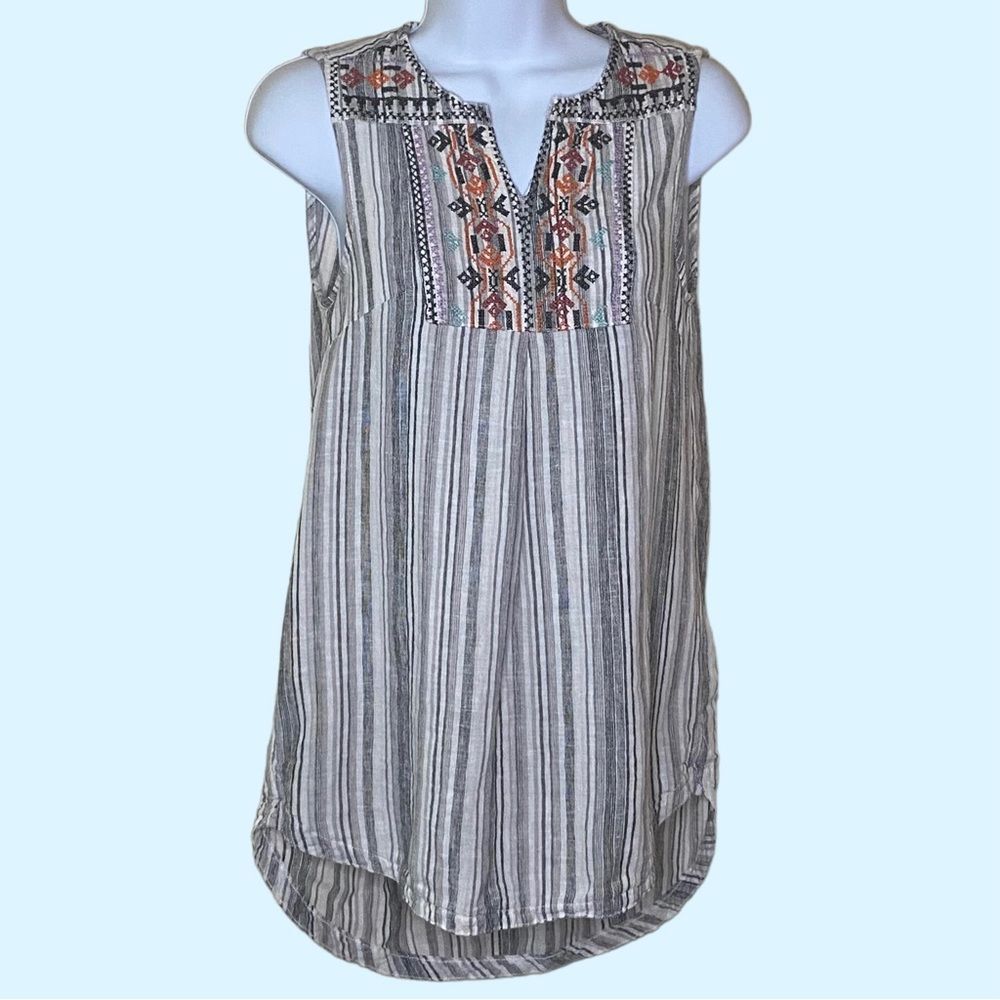 Beach Lunch Lounge Sleeveless Striped Top Tunic Size XS Embroidery Detail